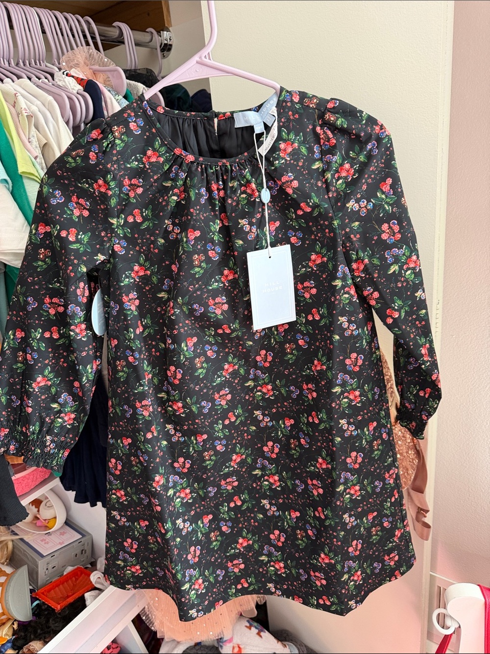 Girls' Black Floral Long-Sleeve Tunic dress
